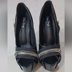 Black Zipper Platform Peeptoe Stilettos [sz 8.5]